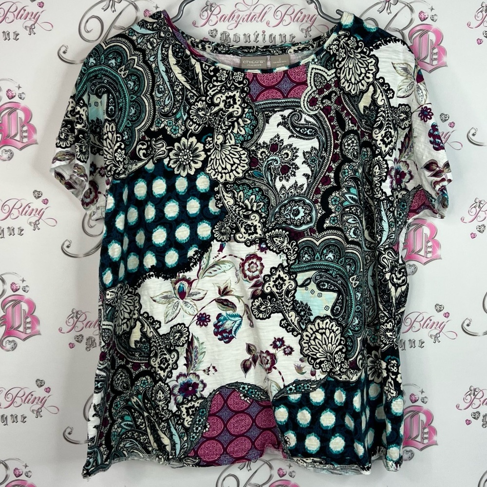 Chico's tshirt tee patchwork style top  Multicolor Paisley Patchwork Top